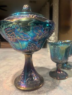 Vintage Carnival Glass-  Blue Iridescent  (Candy Dish & Lid / 2 Goblets)