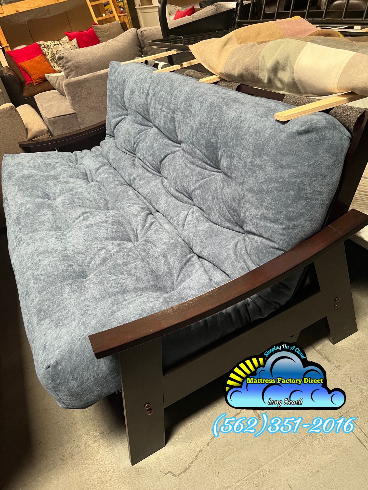 Full Futon Foldable Bed Grey Blue Sofa
