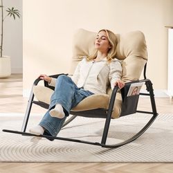 Patio Rocking Chair with Cushion, Papasan Chair with Footrest, Beige Indoor & Outdoor Rocker Chair for Living Room, Bedroom, Patio, Garden