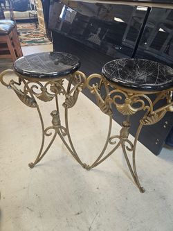 Pair of Gold Iron Marble Top Pedestal Stands