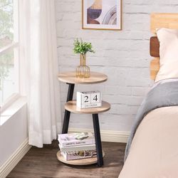 3-Tier Round End Table with Metal Frame – Accent Nightstand, Bedside Table, Small Coffee Table for Living Room & Bedroom – Greige KTZ41G