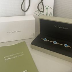  18K Yellow Gold Blue Agate 5 Motifs Vintage Alhambra Bracelet