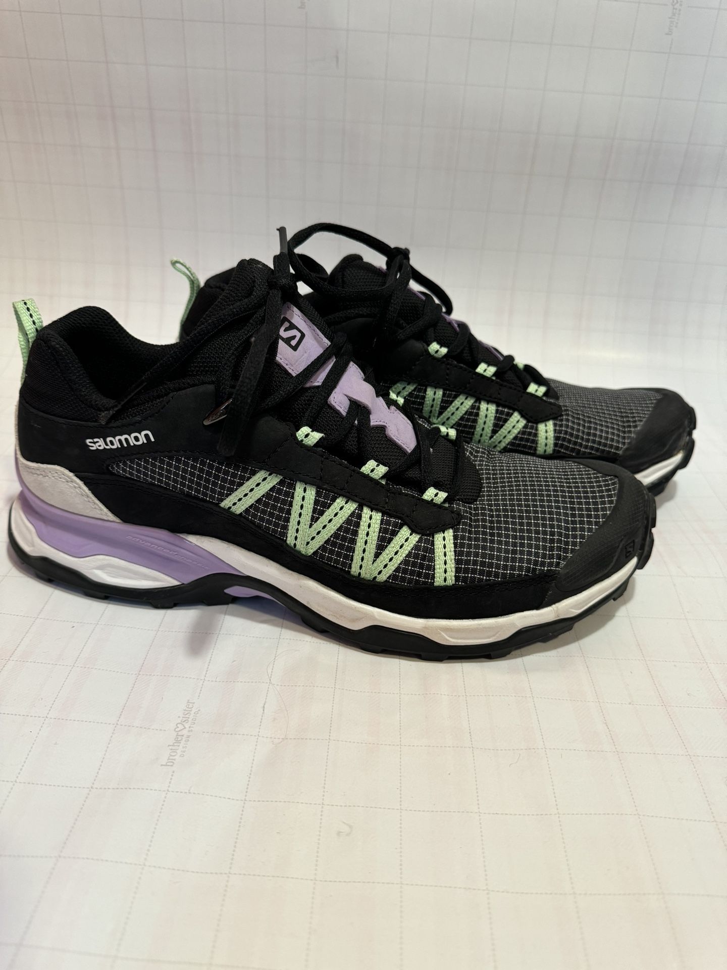 Salomon Shelter Low LTR Black Green Purple Hiking Trail Running Shoes M 9 W 10