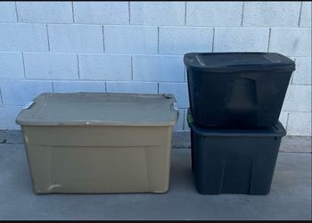 All 3 for just $9, 3 Storage Box Totes with Lids, 1 Extra Large Sterilite 160 Quart Wheeled 2 Medium