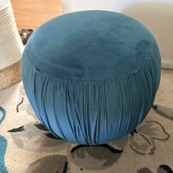Teal velvet round ottoman with gold base
