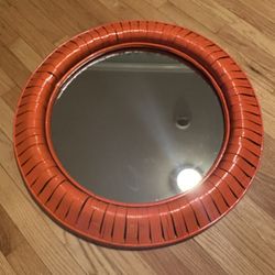 Vintage 1970s Wicker Orange Wall Mirror 27 Inches Wide Vibrant Decor