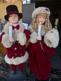 Victorian Christmas Caroler Doll Figures Pair Animated electronic