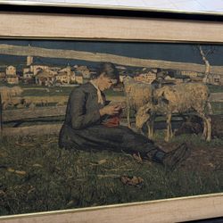 Vintage . Canvas . Knitting girl at the fence Giovanni Segantini . 24”X14”. Is A Copy 