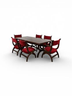 Custom Vintage 1960s Mid Century Modern Marlau of Madrid Glass Top Dining Table with 6 Red Velvet Curule Style Dining Chairs