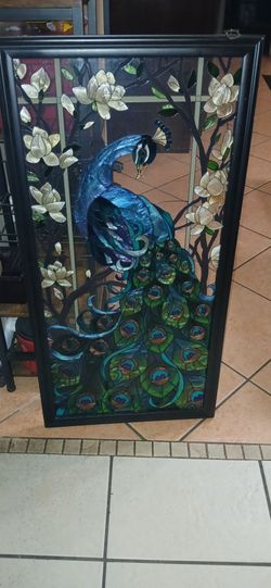 Large Tiffany-Style Peacock Stained Glass Window Panel