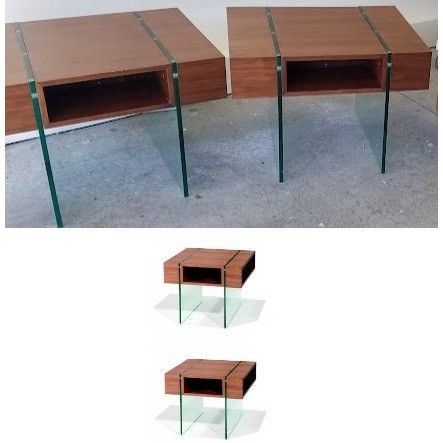 Set of two side end accent tables Beverly Hill Stilt collection, walnut Veneer with glass, ultra modern contemporary nightstands