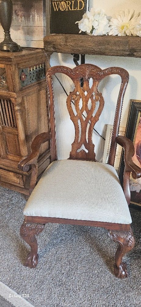 Antiques Chair Just Repholstered. Taupe