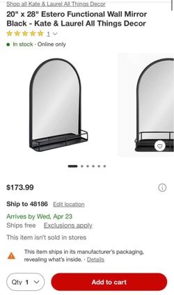 NEW Kate & Laurel 20” x 28” Arched Wall Mirror w/ Shelf – Black – $120