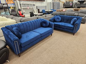 Local curbside delivery included blue velvet 2pc sofa loveseat special