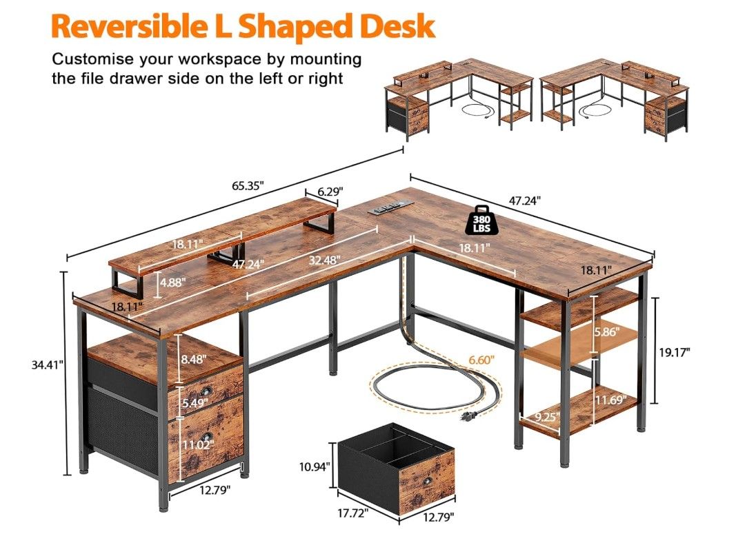 Furologee 66” L Shaped Desk with Power Outlet