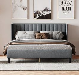 King size Upholstered Platform Bed Frame with Headboard, Mattress Foundation(Wood Slats Support) Quiet, no Box Spring Needed,Light Grey,
Model: W17931