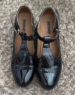 Black Patent T-Bar Brogue Flats