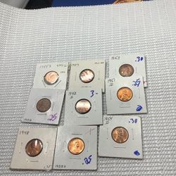 Lot of 9 Uncirulated Lincoln Wheat cents many are Gem red and even a toner including 1942D/48/51D/52/53/54D/55S/57/58D !!~(IVID#1236//OFRUP)