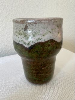Vintage Signed Studio Art Pottery Tall Tumbler Mug – 5" Earthy Green Drip Glaze