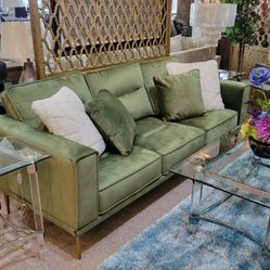 Velvet Sofa Modern Olive Green Gold Legs