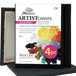 Black Stretched Canvas, 9x12 Inch/4 Pack 