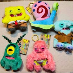Complete Set of 5 Fuggler SpongeBob SquarePants Plush Keychains - Patrick, Squidward, Gary, Plankton, SpongeBob