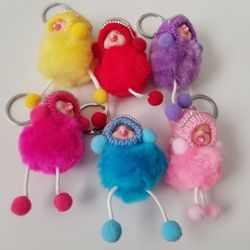 Sleeping Baby Doll Pompoms Character Keychain Soft Faux Fox Fur Ball Pom Pom New