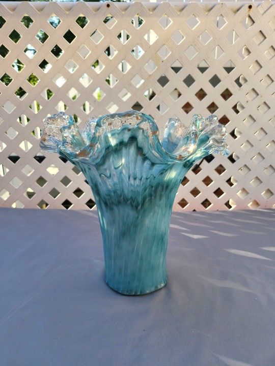 Murano Art Glass Ruffled Vintage Blue W/ Gold Flecks Preowned