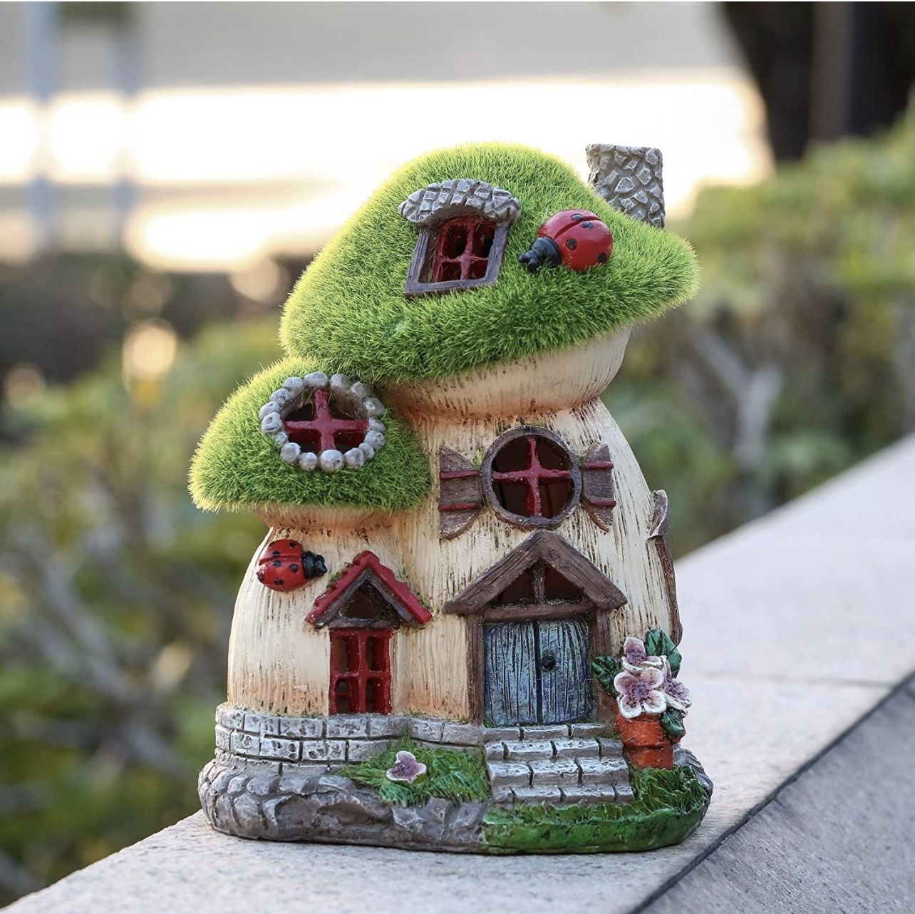 Brand New Flocked Big and Mini Mushroom Fairy Garden House Statue, Outdoor Fairy House with Solar Powered Gard