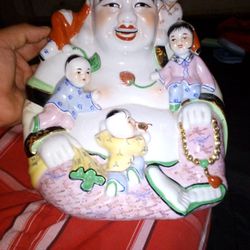 Vintage Chinese Porcelain Laughing Happy Buddha With Five Children Statute Figurine 11