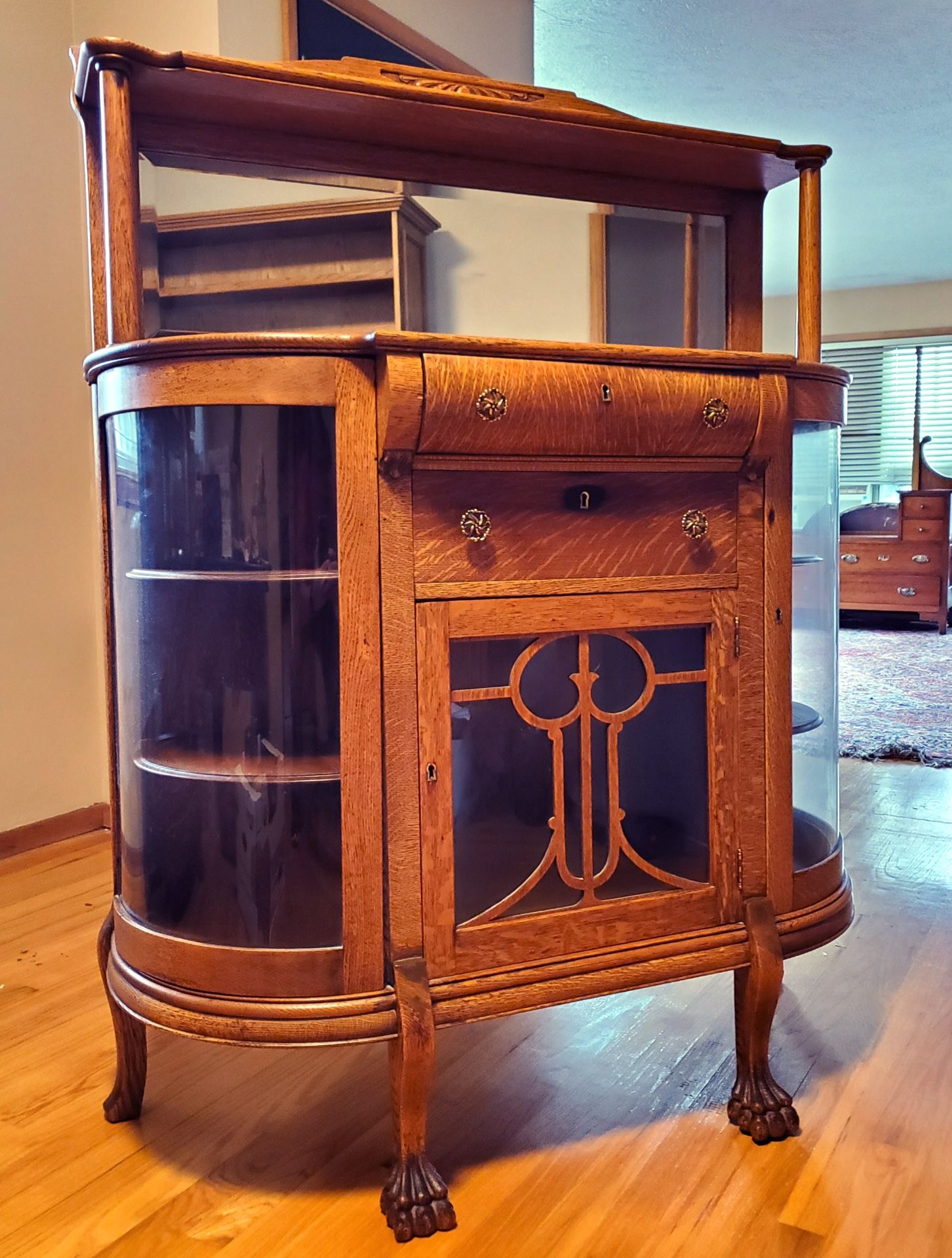 Antique curved glass oak sideboard with beveled mirror