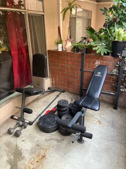 Gym equipment- bench press, adjustable chair, free weights