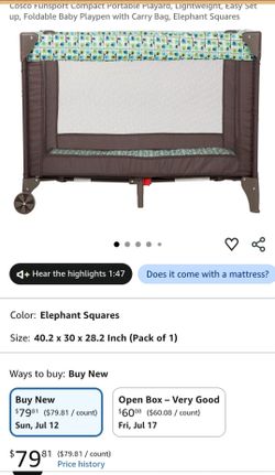 Cosco Funsport Compact Portable Playard, Lightweight, Easy Set up, Foldable Baby Playpen with Carry Bag, Elephant Squares