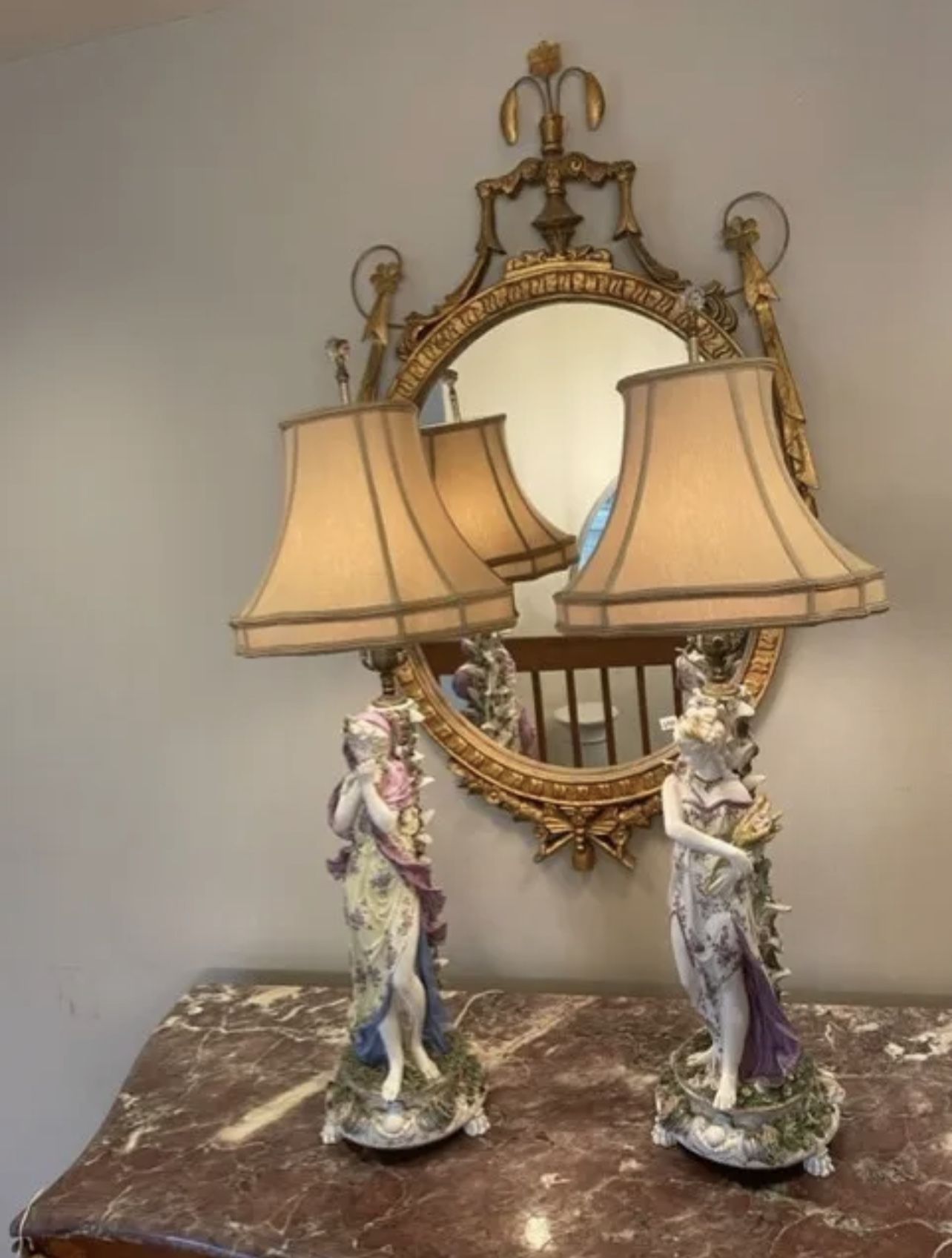 Pair of Beautiful German Antique Porcelain Figural Lamps