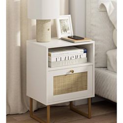 Masupu Rattan Nightstand,Modern Boho Farmhouse Wood Bedside Table with Storage Drawer and Open Shelf,Small Gold Frame Side End Table for Bedroom,Livin