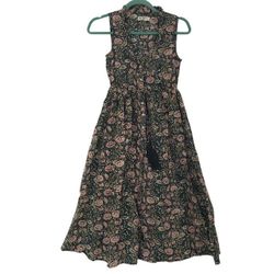 NATURAL LIFE Olive Green Floral Midi Sleeveless Dress Size XS 100% Cotton 