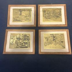 Set of 4 Vintage Framed Gold Foil Etching Art by Lionel Barrymore( Yes, MR Potter, From Its A Wonderful Life)