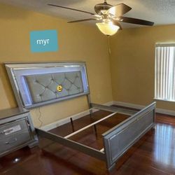 Allura Silver Queen Led Upholstered Panel Bed Frame Cama// Mattress Sold Separately, King Size Available 