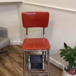 VINTAGE RED MID CENTURY MODERN KITCHEN STEP CHAIR CHROME  