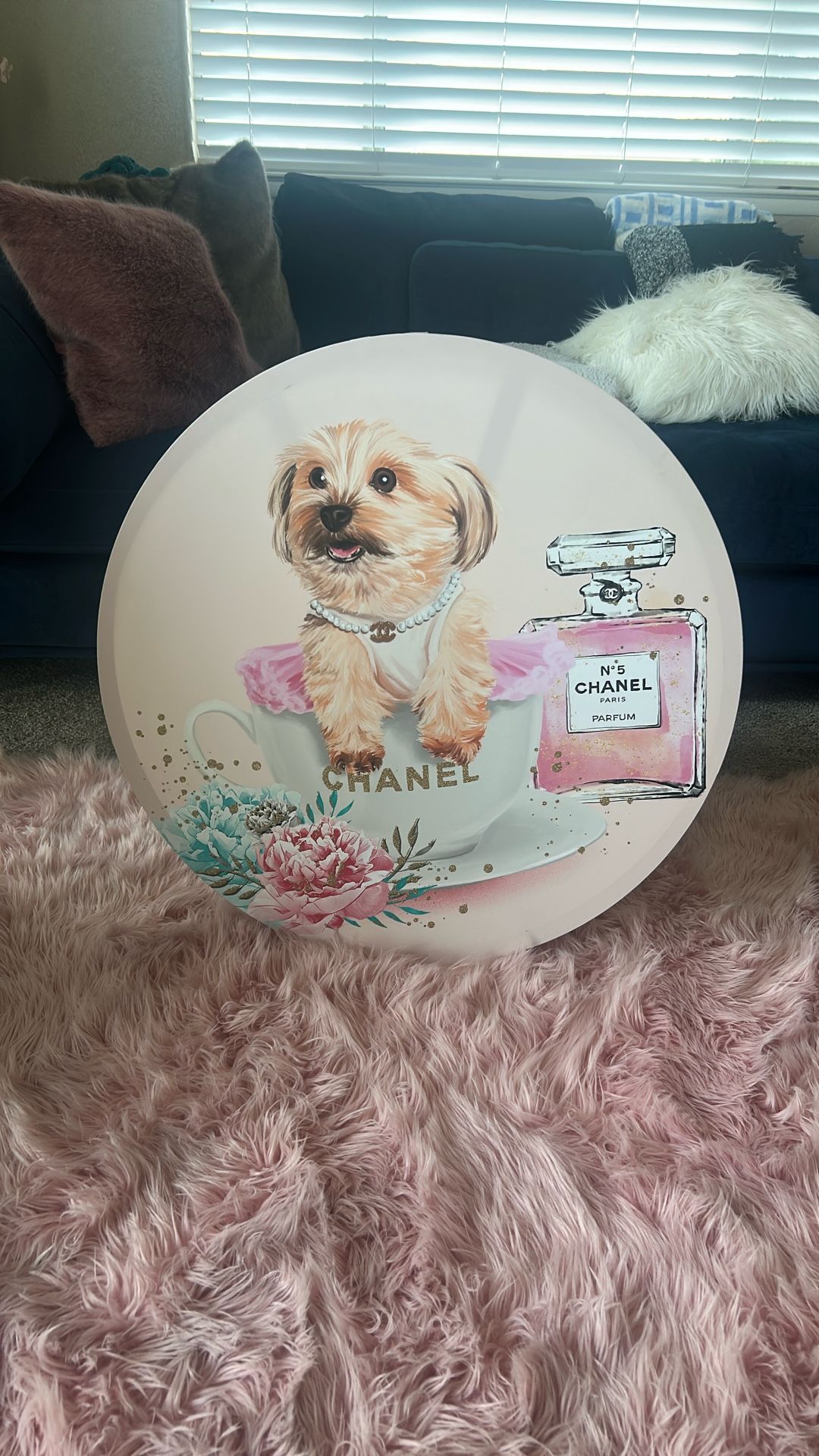 Decorative Round Wall Art w/  Dog Chanel Perfume Print