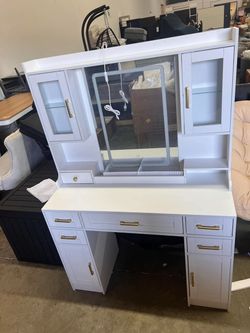 NUNU LAB 42 Inchs Large Vanity Desk with Mirror and Lights Big Women Makeup Table with Power Outlet, 3-Color Adjustable Lighting for Bedroom with 6 Dr
