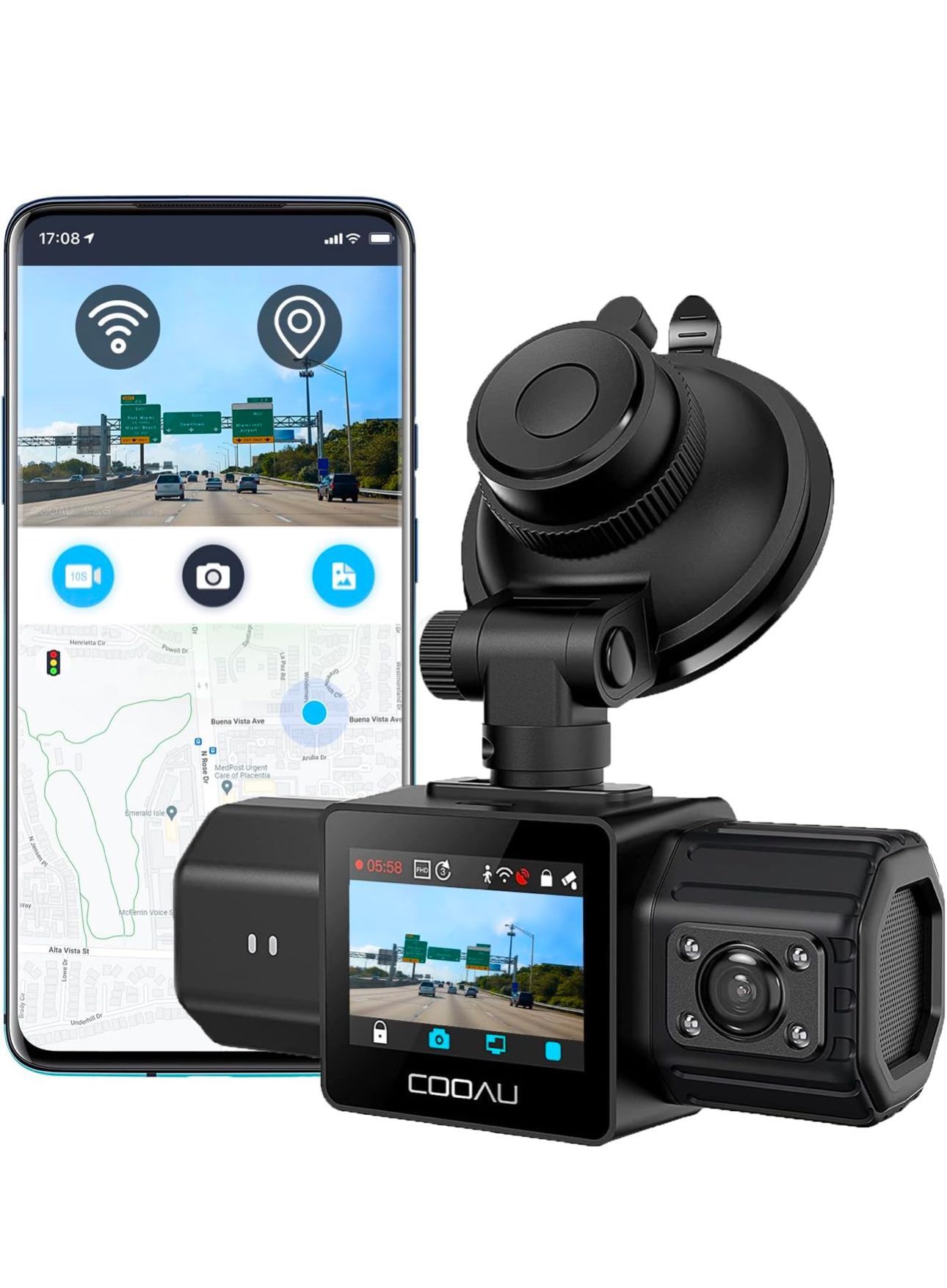 COOAU Dual Dash Cam 2.5K+1080P, Dash Cam Front and Inside, Built-in GPS and WiFi, Dash Camera for Cars, Perfect for Uber and Taxi Drivers, Night Visio