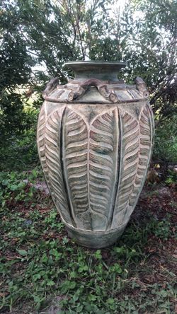 1940’s Art Nouveau Large Terra Cotta Clay Urn W/ Botanical Leaf Relief H:23.25”, W:14”, D:14”