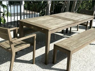 Teak Crate & Barrel  Outdoor Dining Set: Large Extension Table, 2 benches, 2 armchairs 