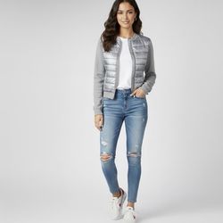 Silver Puffer/Quilted Hybrid Bomber Jacket