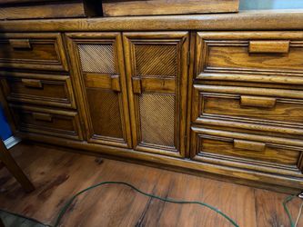 Vintage Wood Dresser with mirror queen backboard two end tables with Rattan Panel Doors bedroom set