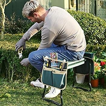 SONGMICS Garden Kneeler and Seat, Gardening Gifts for Women Men, Folding Gardening Stool, with Soft Thick Kneeling Pad, Dark Green