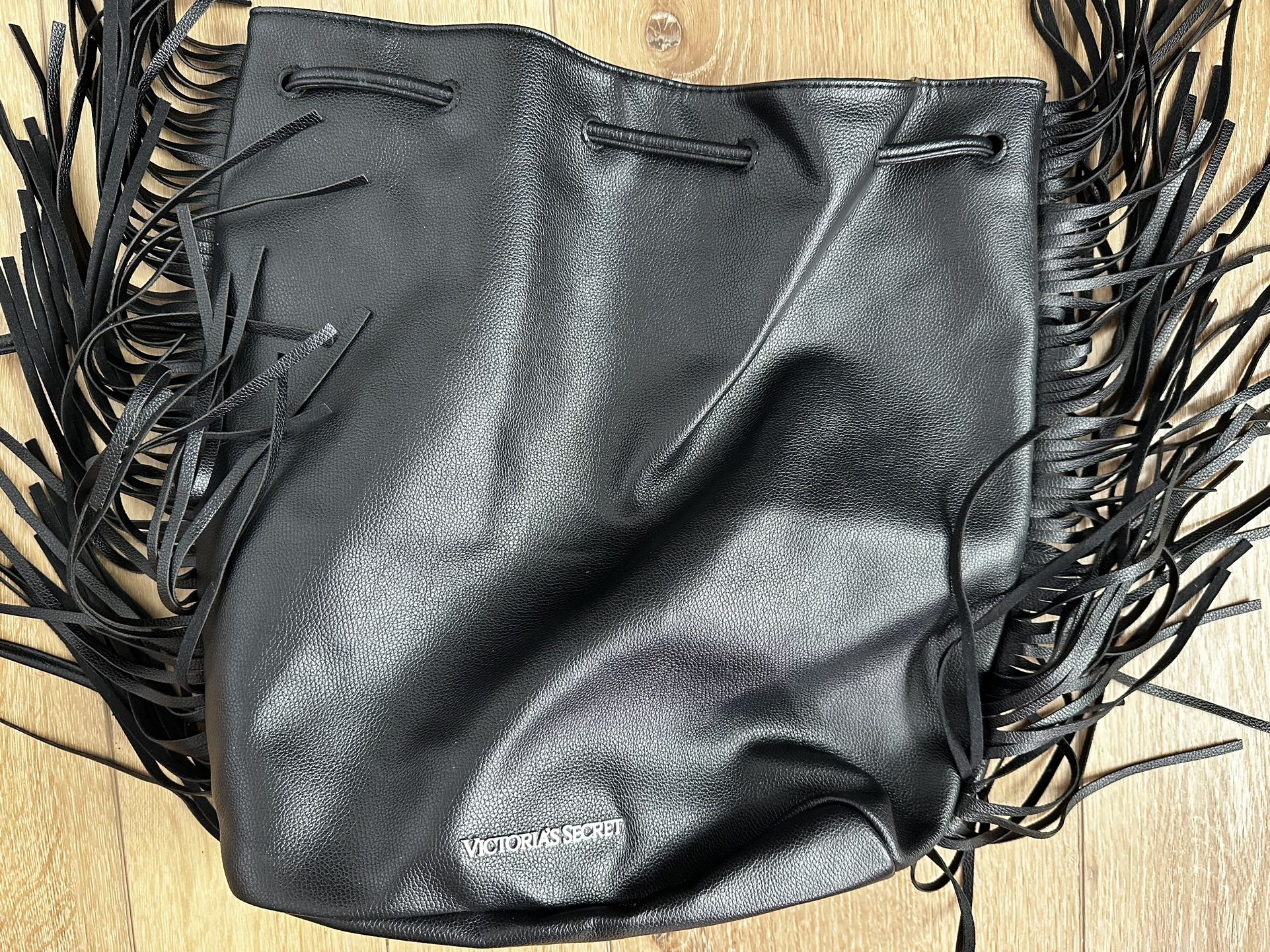 Victoria's Secret -Black Fringe Faux Leather Drawstring Backpack -Tote Bag Purse