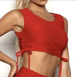 New Dark Rose Red Textured Side Cinch Crop Athleisure Tank Top - Women’s Medium