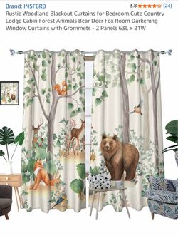 Rustic Woodland Blackout Curtains for Bedroom, Cute Country Lodge Cabin Forest Animals Bear Deer Fox Room Darkening Window Curtains with Grommets - 2 